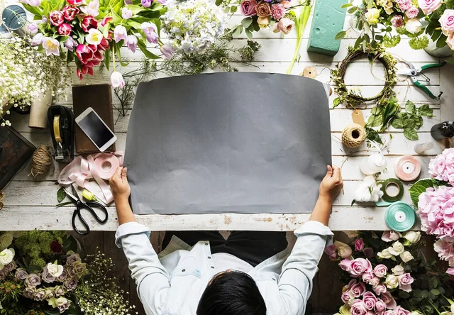 craft, copy space, small business, paper, ribbon, empty, flowers, blank, creative, decoration, art, romantic, hobby, table, entrepreneurship, florist, present, arrangement, freshness, natural, floral, design, new business. The working rhythm of a florist business