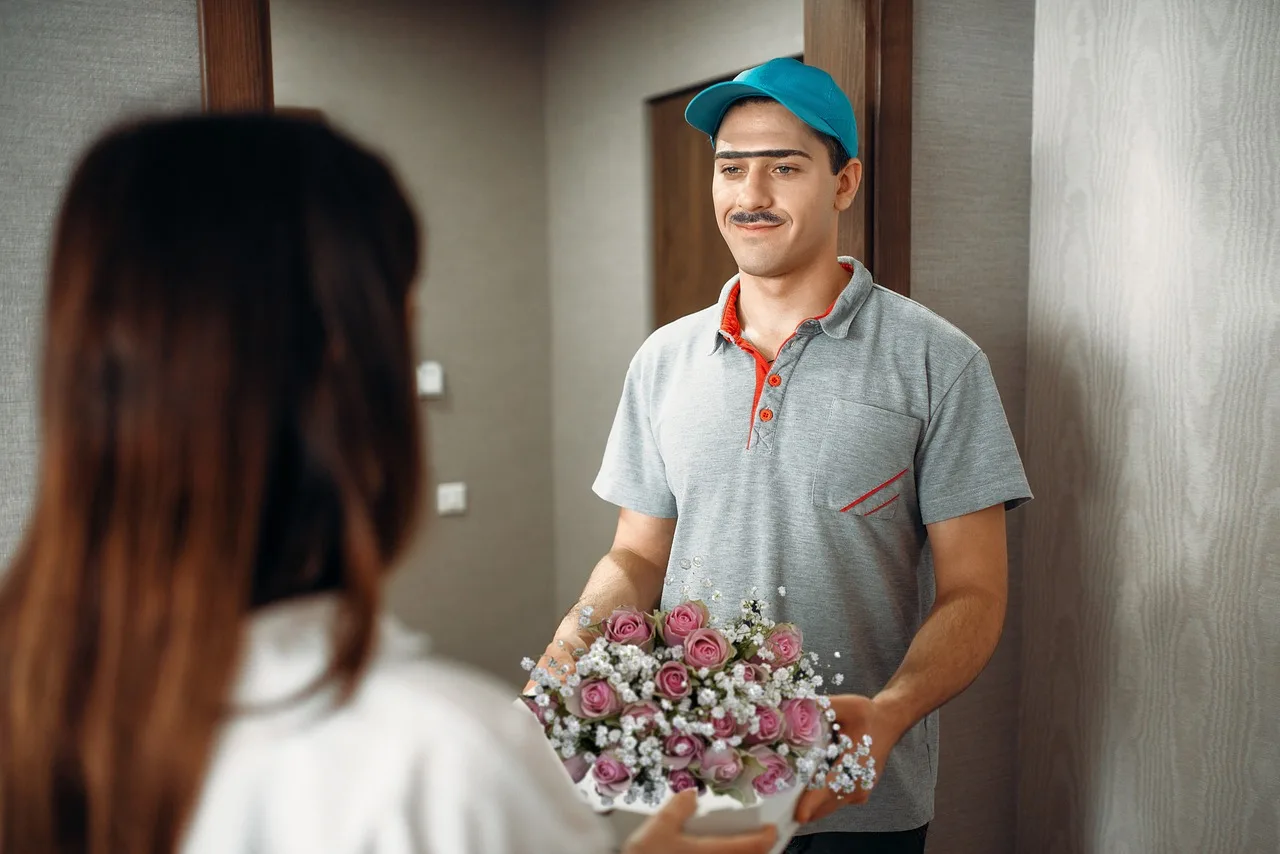 delivery person, flower, florist, delivery, woman, flower background, beautiful flowers, man, nature, happy, happiness, grey, apartment, flower wallpaper, corridor, door. How to Set a Flower Delivery Radius That Keeps Bouquets Fresh