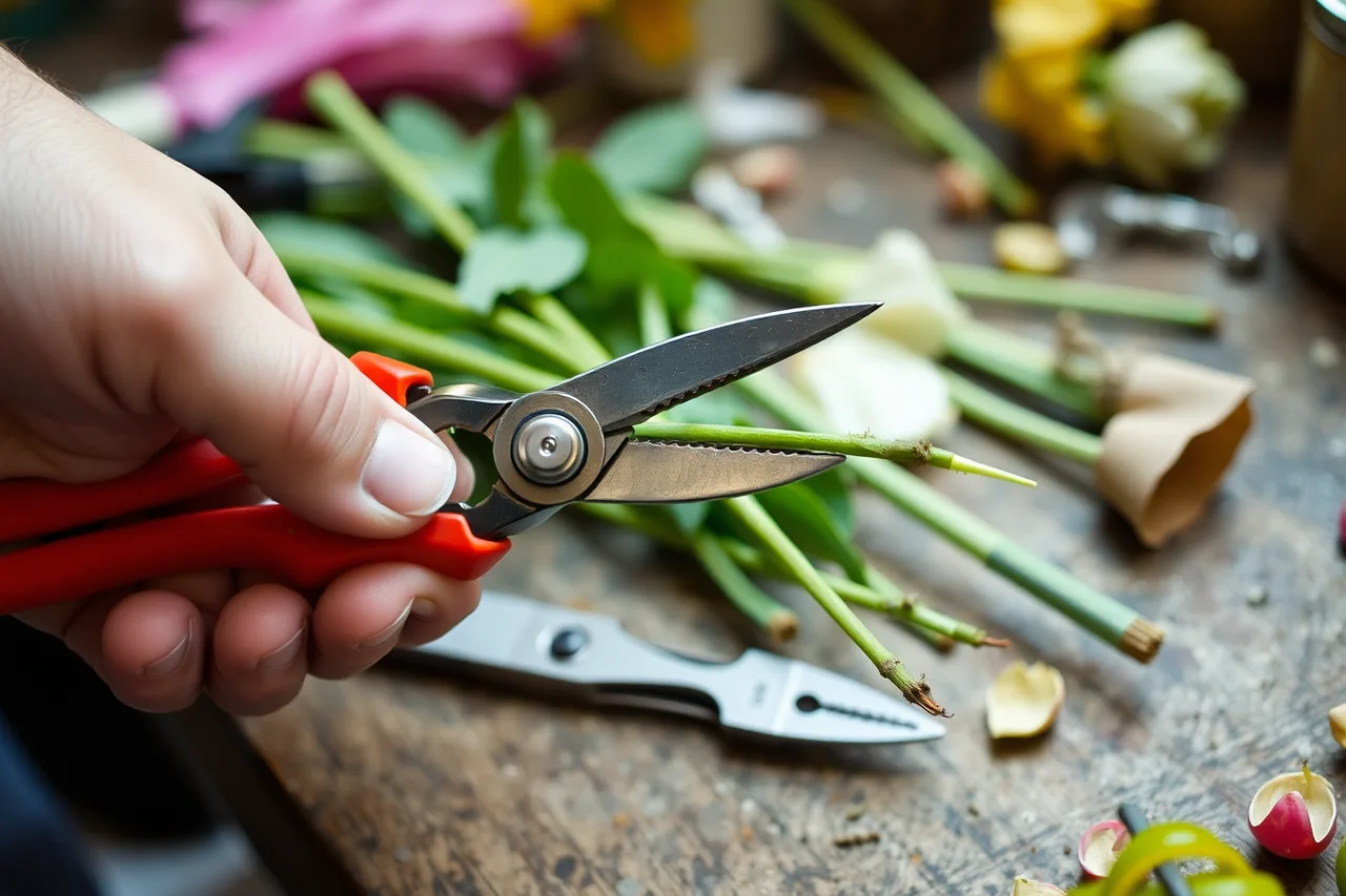 Florist cutting a flower stem with red-handled Felco 2 bypass pruners (Equipment brands for a florist business, compared)