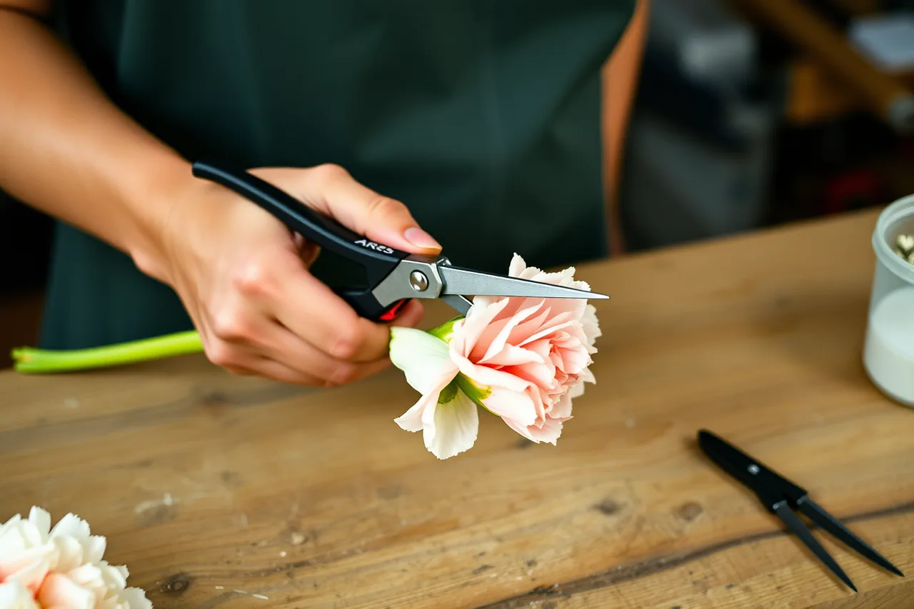 ARS needle-nose snips trimming a carnation stem above a florist's bench (Equipment brands for a florist business, compared)