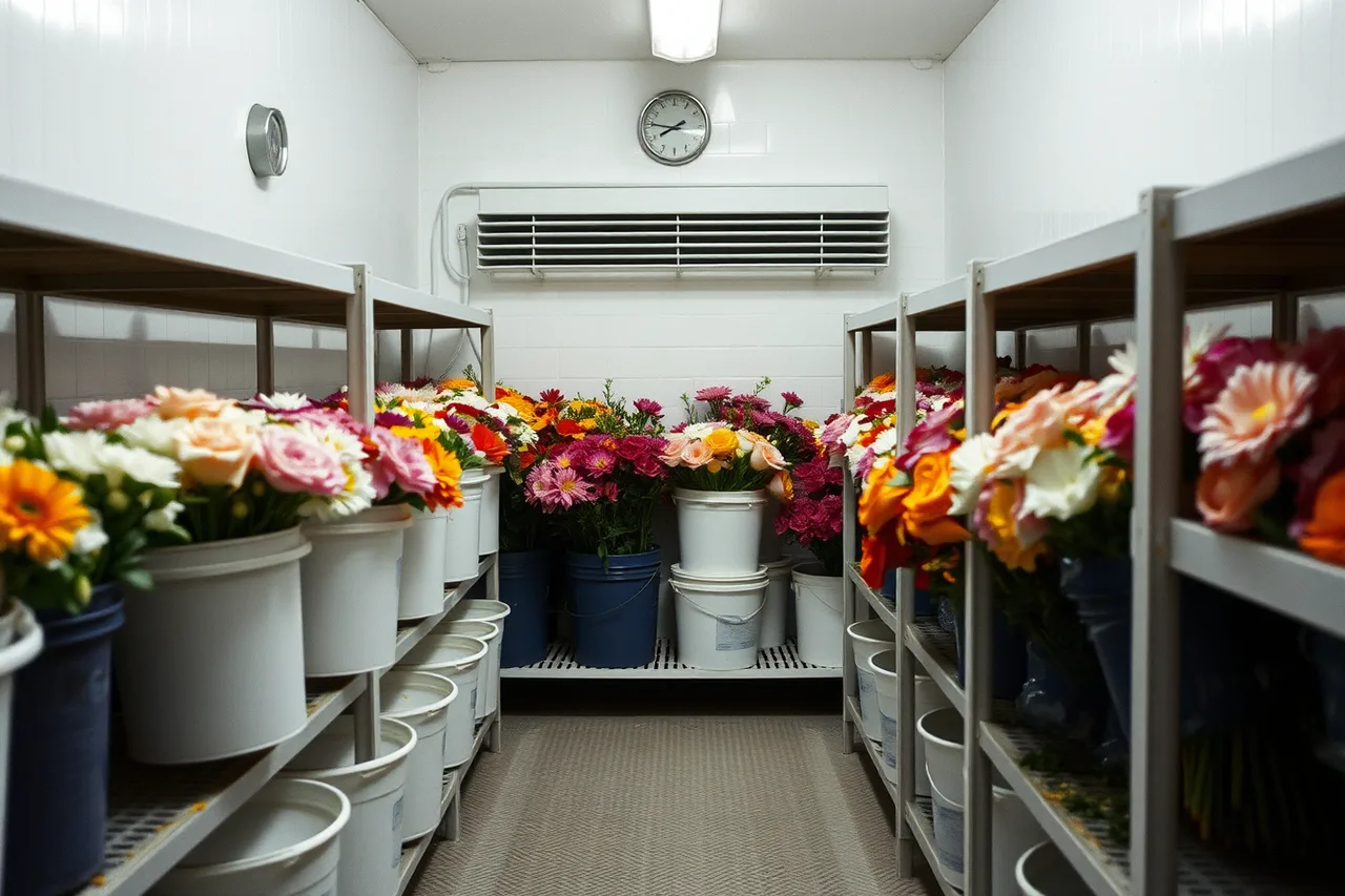 Buckets of cut flowers in a walk-in cooler with space for air circulation (How Edmonton florists keep flowers alive through a northern winter)