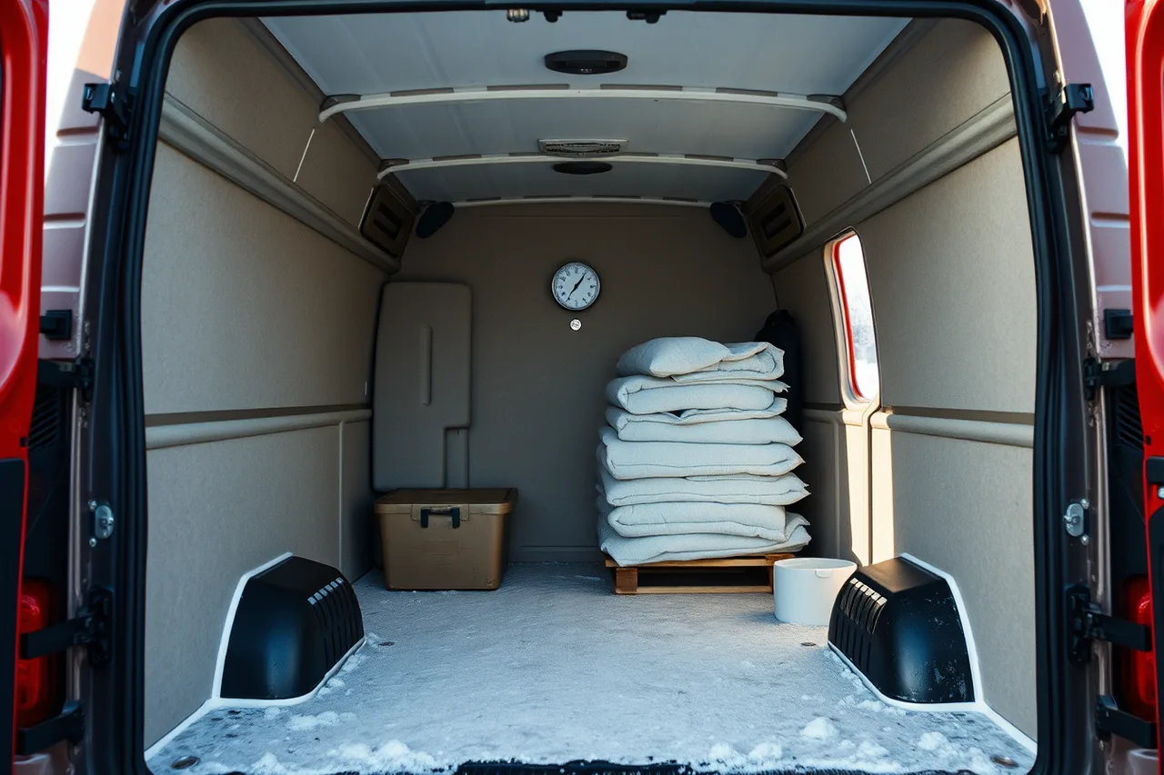 Insulated cargo bay of a florist delivery van with thermal boxes and thermometer (How Edmonton florists keep flowers alive through a northern winter)