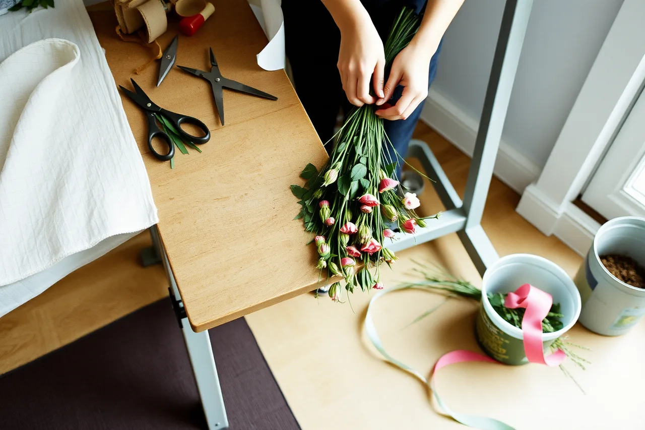 Florist design bench with snips, wire and a standing mat (How Edmonton florists keep flowers alive through a northern winter)