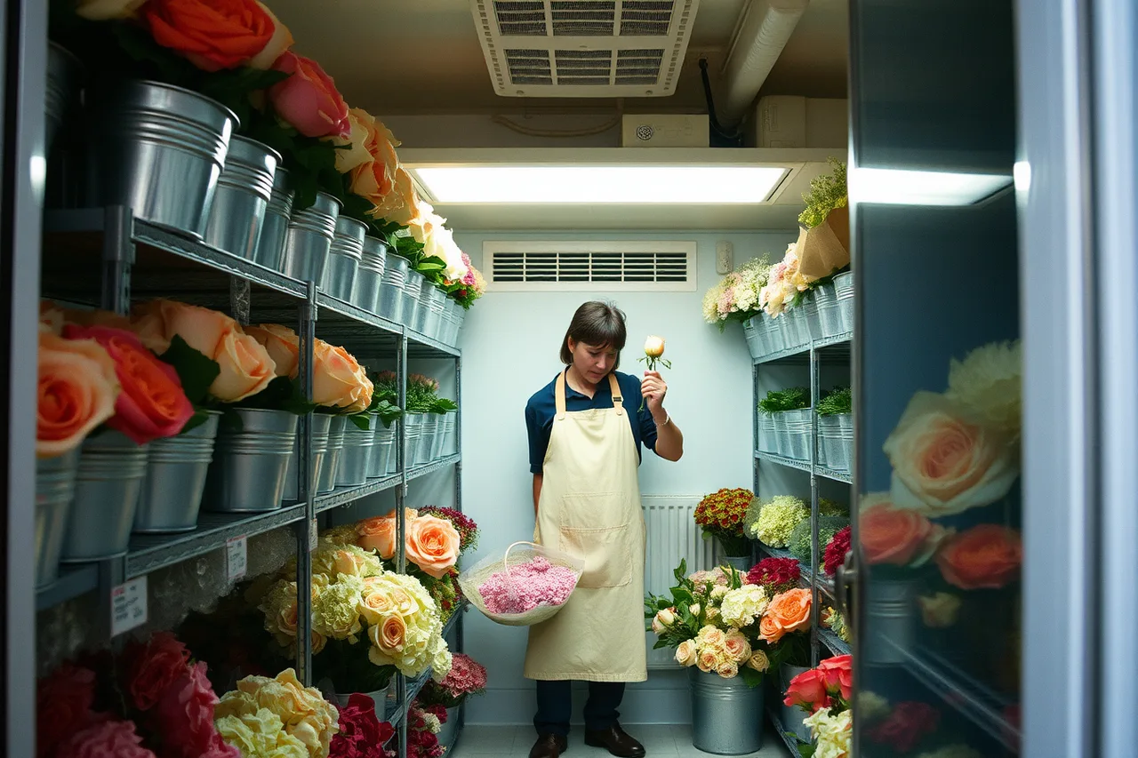 Florist checking cut stems inside a packed walk-in floral cooler (Getting florist expansion right the first time)