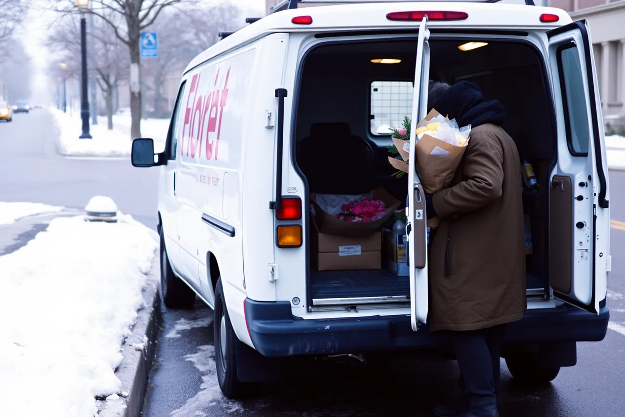 Florist delivery driver carrying a bouquet from a van in snow (Getting florist expansion right the first time)
