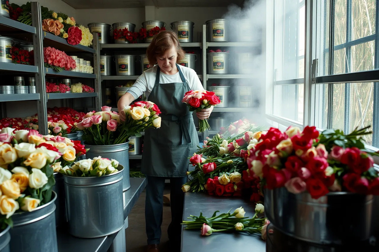 Florist sorting wholesale flower buckets inside a cold walk-in cooler (Florist startup and market realities in 2027)