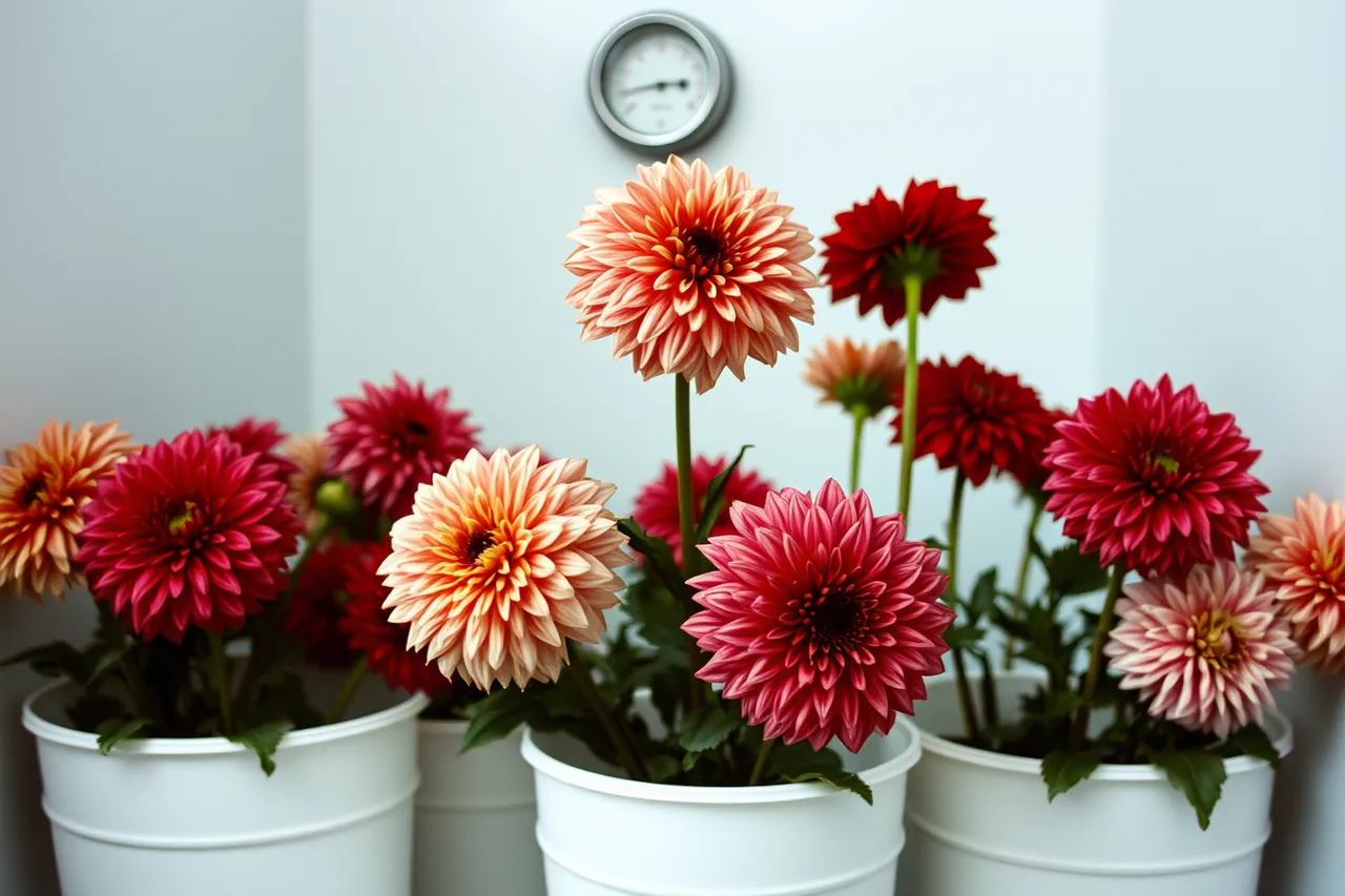 Dahlias in buckets inside a floral cooler at 40 degrees Fahrenheit (What Does a Seasonal Flower Availability Calendar Look Like for US Florists?)