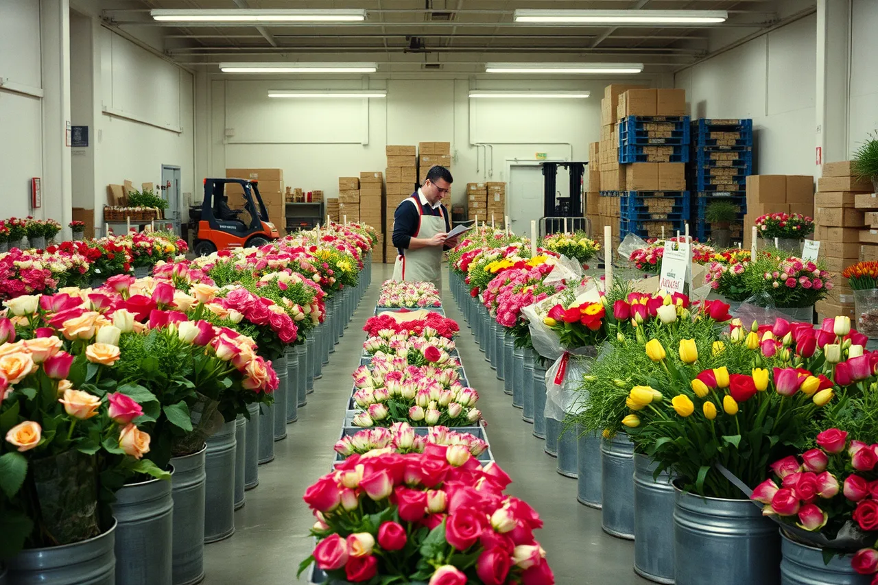 Florist selecting stems in a Toronto wholesale flower warehouse (Toronto and Montreal florist operations compared for owners expanding)